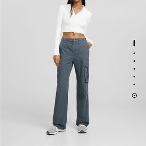 Bershka Adjustable Straight Fit Cargo Pants in Blue